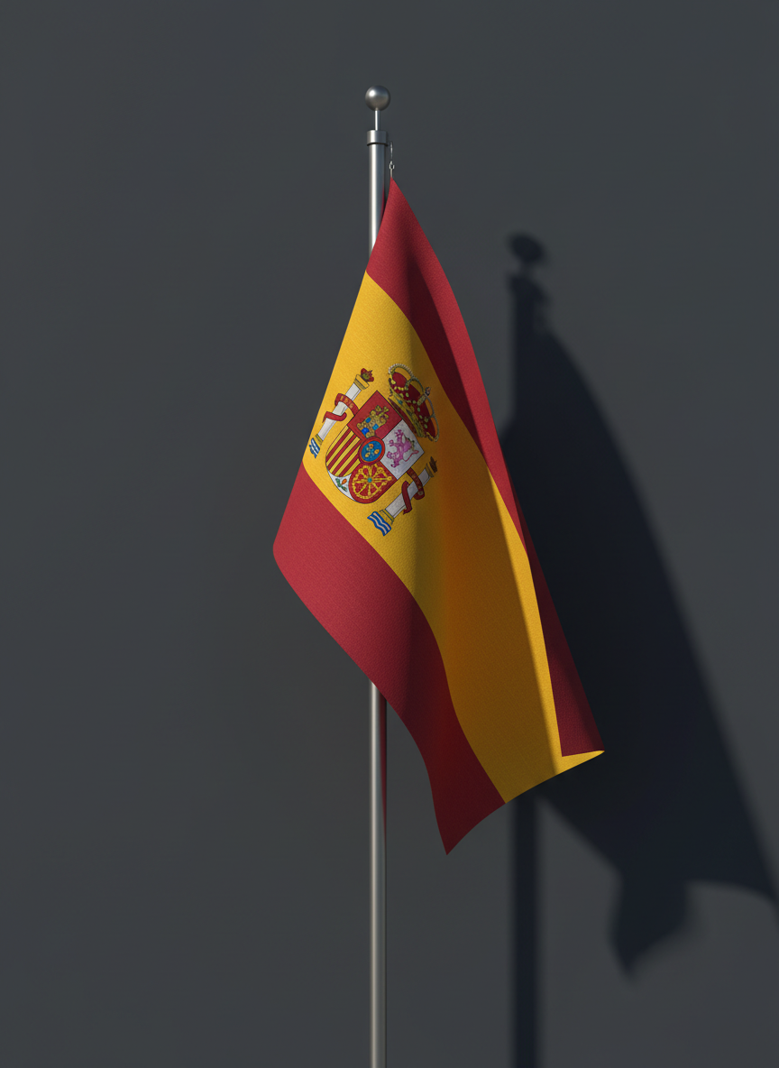 A bold, stylized Spanish flag with deep crimson and vibrant gold fabric, displaying crisp, distinct textures and dramatic folds. The flag is mounted on a sturdy, brushed steel pole standing upright against a stark matte slate background, completely uncluttered and minimalist. Directional side lighting enhances the flag’s texture, casting sharp, defined shadows on the background and across the flag’s pleats, providing visual depth. The atmosphere is resolute and dramatic, exuding strength and national pride, with a centered composition and sharp focus throughout for maximum visual impact. The photographic style is realistic with a high-contrast, minimalist aesthetic, supporting themes of unity, sovereignty, and patriotism central to the association.