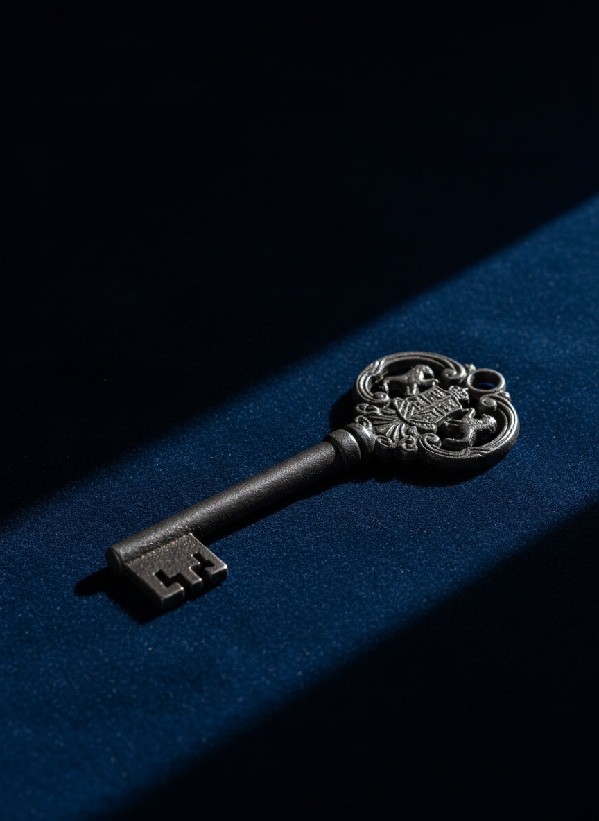 An elegant, classic iron key with intricate Spanish motifs etched into its handle, lying atop a pristine, deep navy blue velvet surface. The space is immaculately clean, with the velvet extending into a minimalist background, devoid of distractions. Intense, focused lighting from one side brings out gleaming iron highlights and casts bold, sharp shadows behind the key, emphasizing its importance and symbolism of sovereignty and control. The mood is empowering and resolute, with a balanced, rule-of-thirds composition in sharp detail, exemplifying a bold, photographic realism suited to the association’s values.