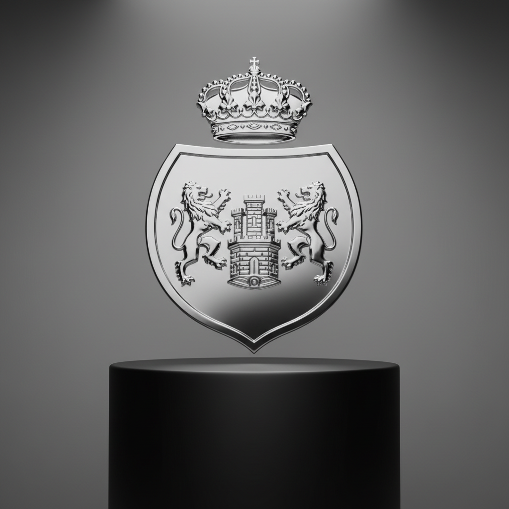 A minimalist shield emblem in polished chrome, featuring raised traditional Spanish iconography—lions, castles, and a royal crown—rendered with intricate, high-relief detail. The shield is mounted on a smooth, matte black pedestal, isolated in front of a neutral, softly gradient background. Strong, directional lighting from above creates crisp reflections and deep, sculptural shadows on the shield’s surface, projecting authority and unwavering defense. The atmosphere is commanding yet refined, with a centered, slightly low-angle shot for a powerful, photographic impact that captures the association's protection of heritage and order.
