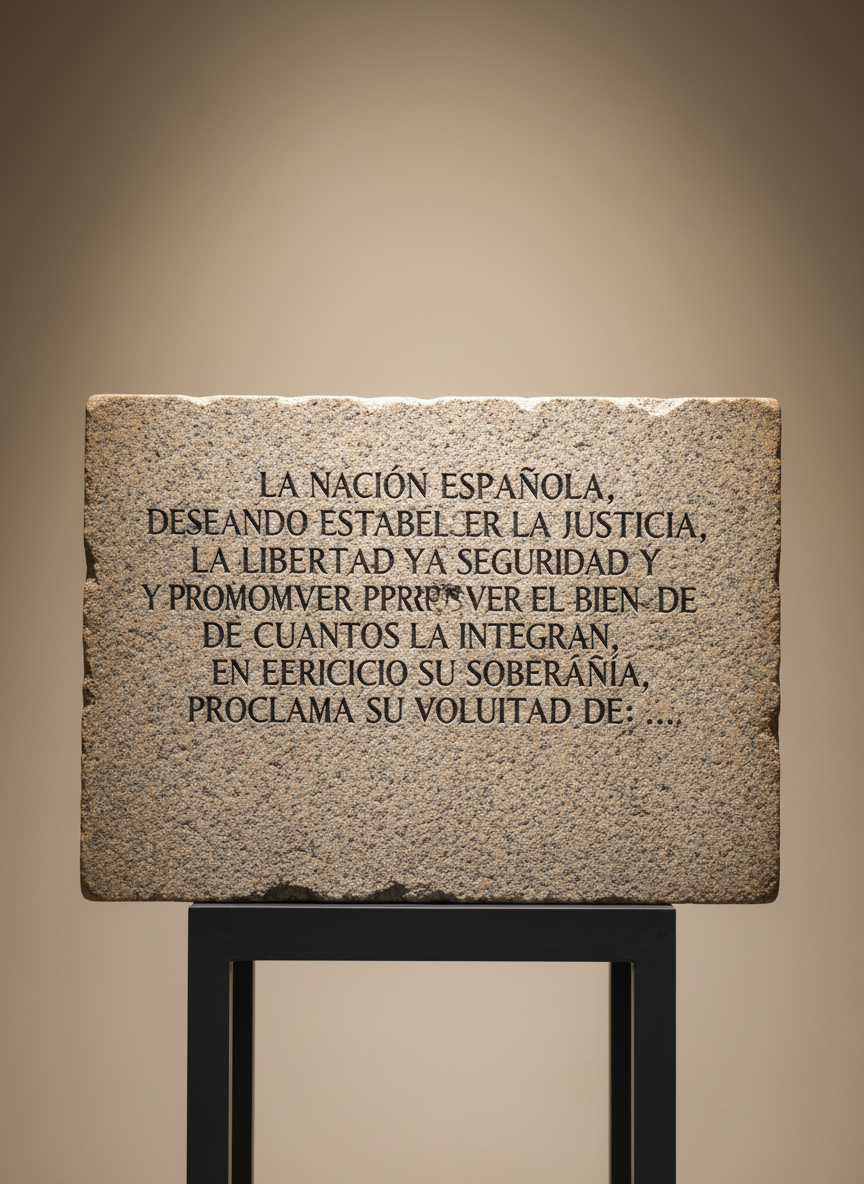 A close-up of a weathered granite stone engraved with the Spanish Constitution’s preamble in sharp, precise lettering, the surface showing subtle textures and fine chisel marks. This monument-like slab stands on a minimalist dark metal pedestal, set against a smooth, neutral-toned backdrop that fades softly into the distance. A single, directional overhead light bathes the stone, casting crisp, dramatic shadows below and across the grooves of the text. The mood is solemn and assertive, underlining the enduring strength of national identity and law. The composition is tightly framed in a photographic, museum-style realism, visually emphasizing the foundation of the association’s principles.